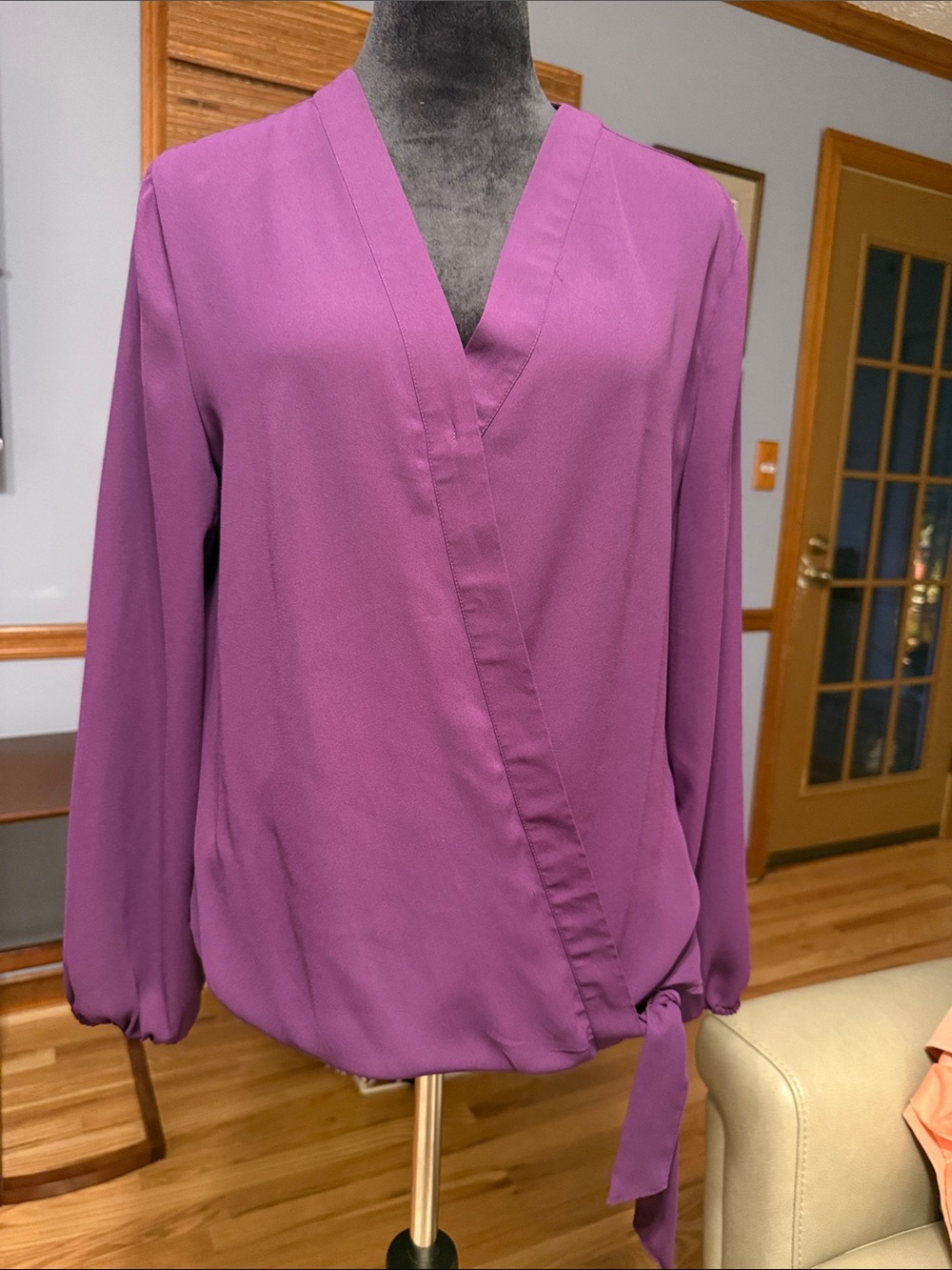 New York & Company Mauve Wrap-Front Long Sleeve Blouse